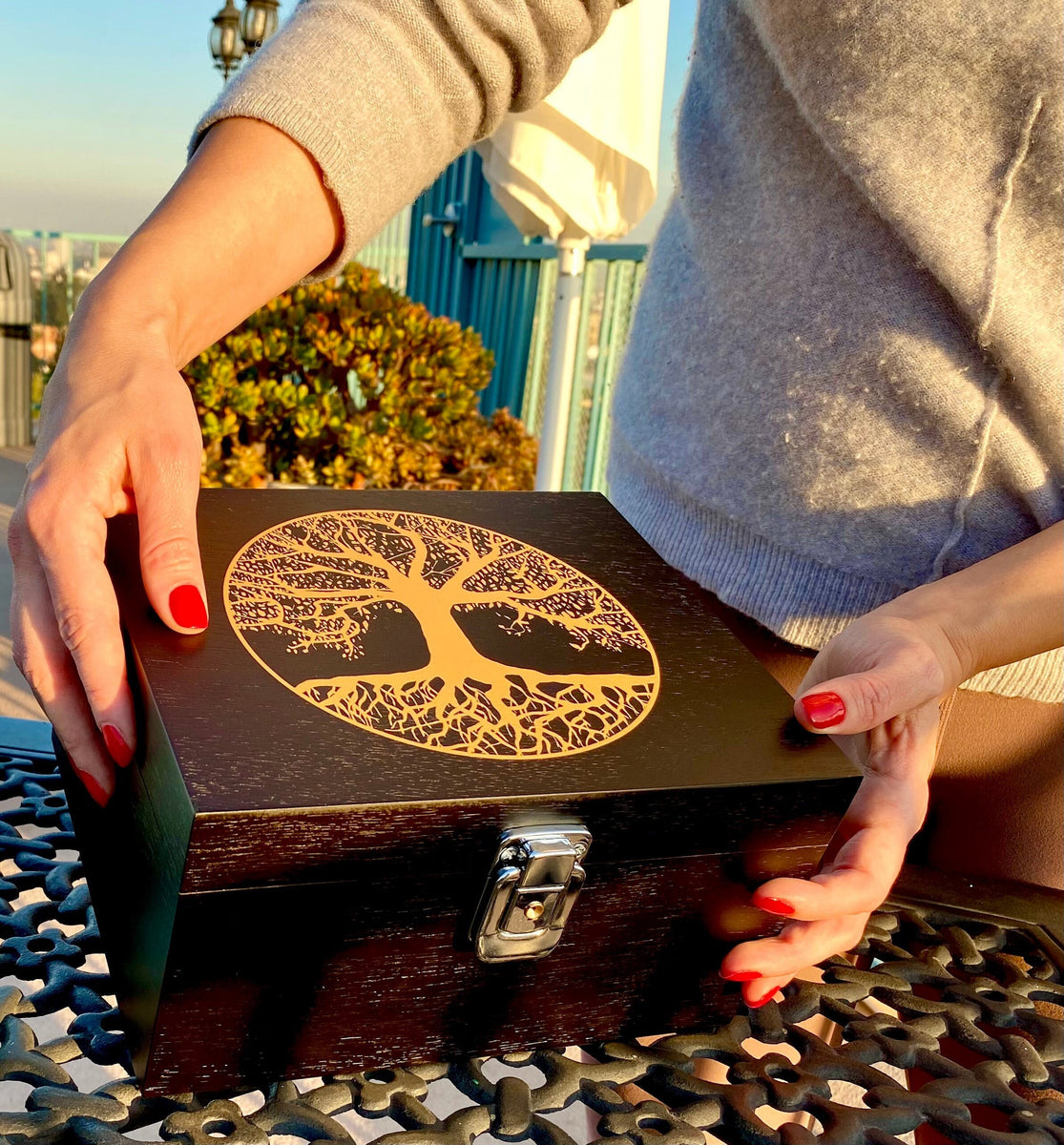 Dry Herb Grinder Storage Box Set Carved Tree of Life Wooden Box Stash Box Gift Set